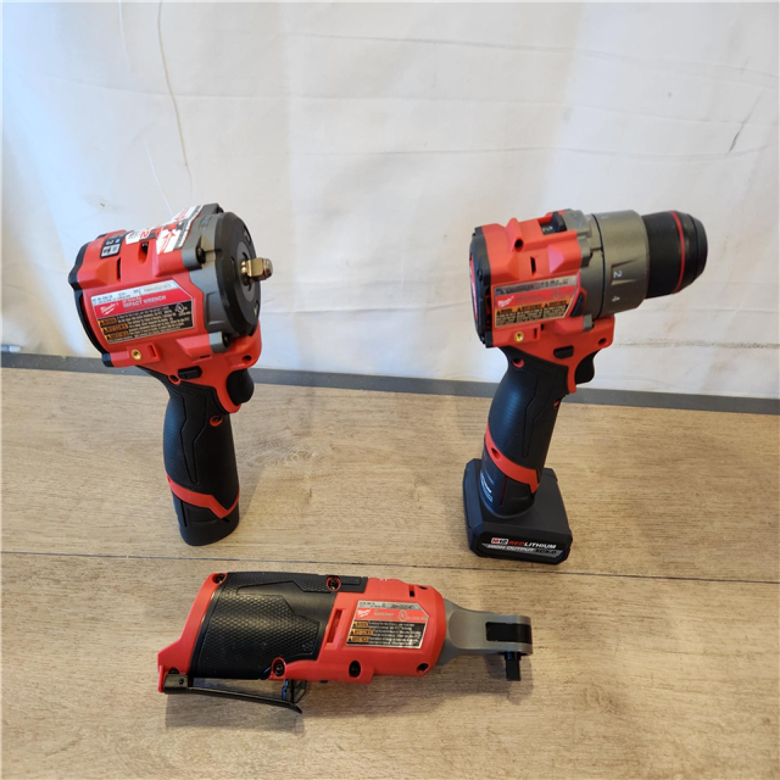 AS-IS- M12 FUEL 12V Lithium-Ion Cordless Drill Driver  Impact Wrench  and Ratchet Combo Kit (3-Tool) W/Batteries  Charger & Bag