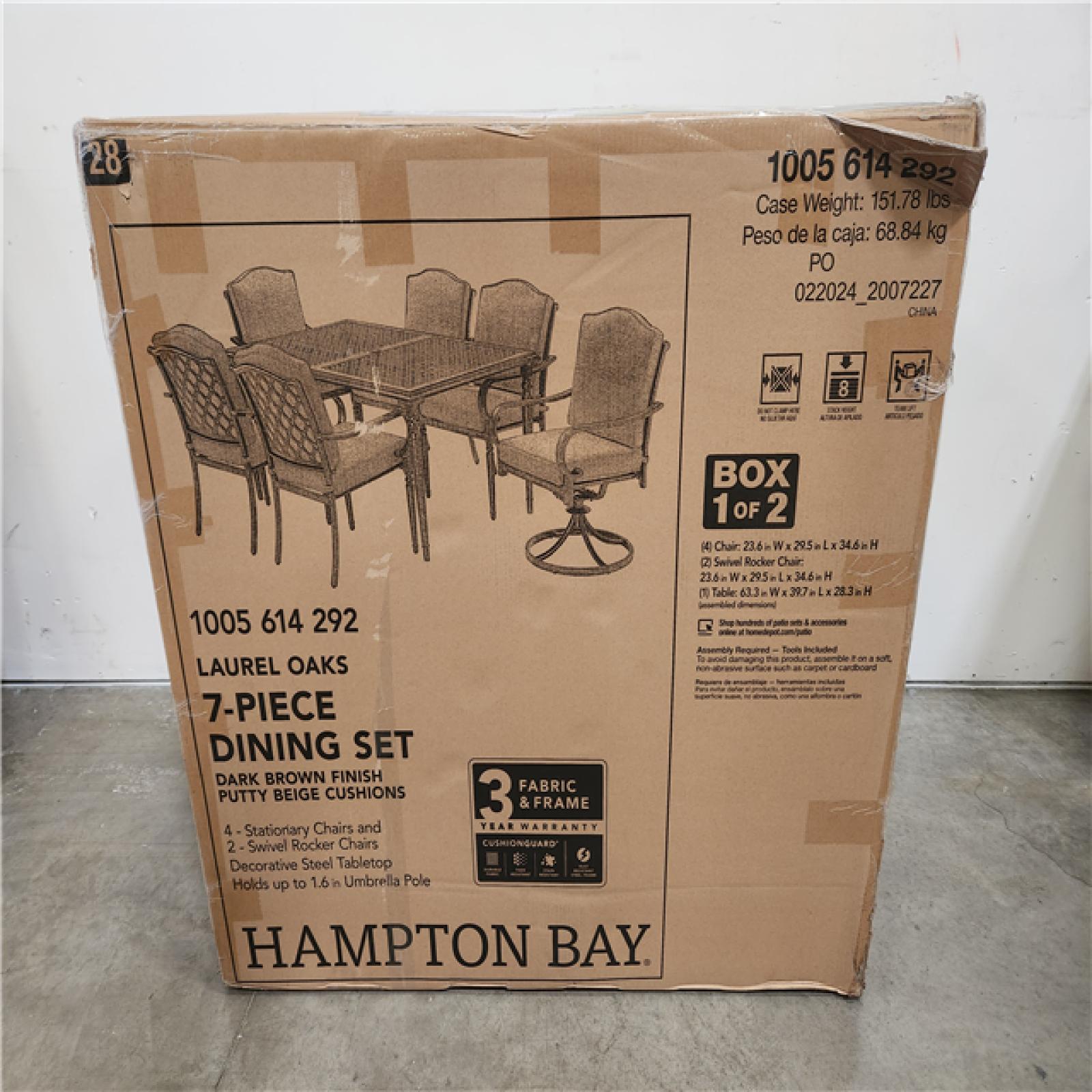 Phoenix Location NEW Hampton Bay Laurel Oaks 7-Piece Brown Steel Outdoor Patio Dining Set with CushionGuard Putty Tan Cushions