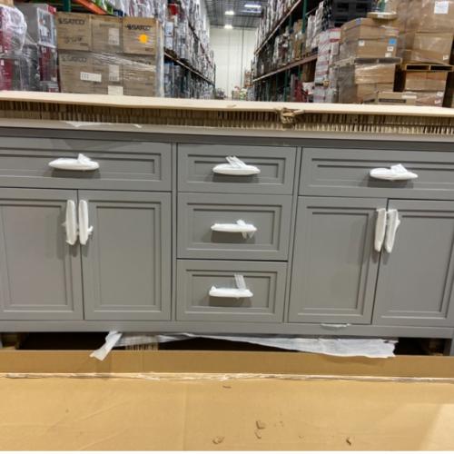 DALLAS LOCATION -Home Decorators Collection Mayfield 72 in. Double Sink American Gray Bath Vanity with White Engineered Stone Top (Assembled)