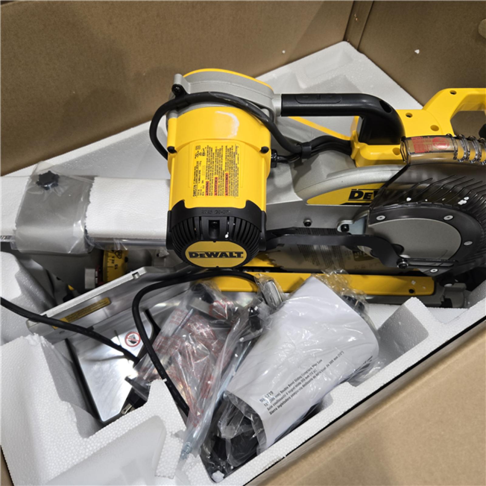 AS-IS DEWALT 15 Amp Corded 12 in. Double Bevel Sliding Compound Miter Saw, Blade Wrench and Material Clamp