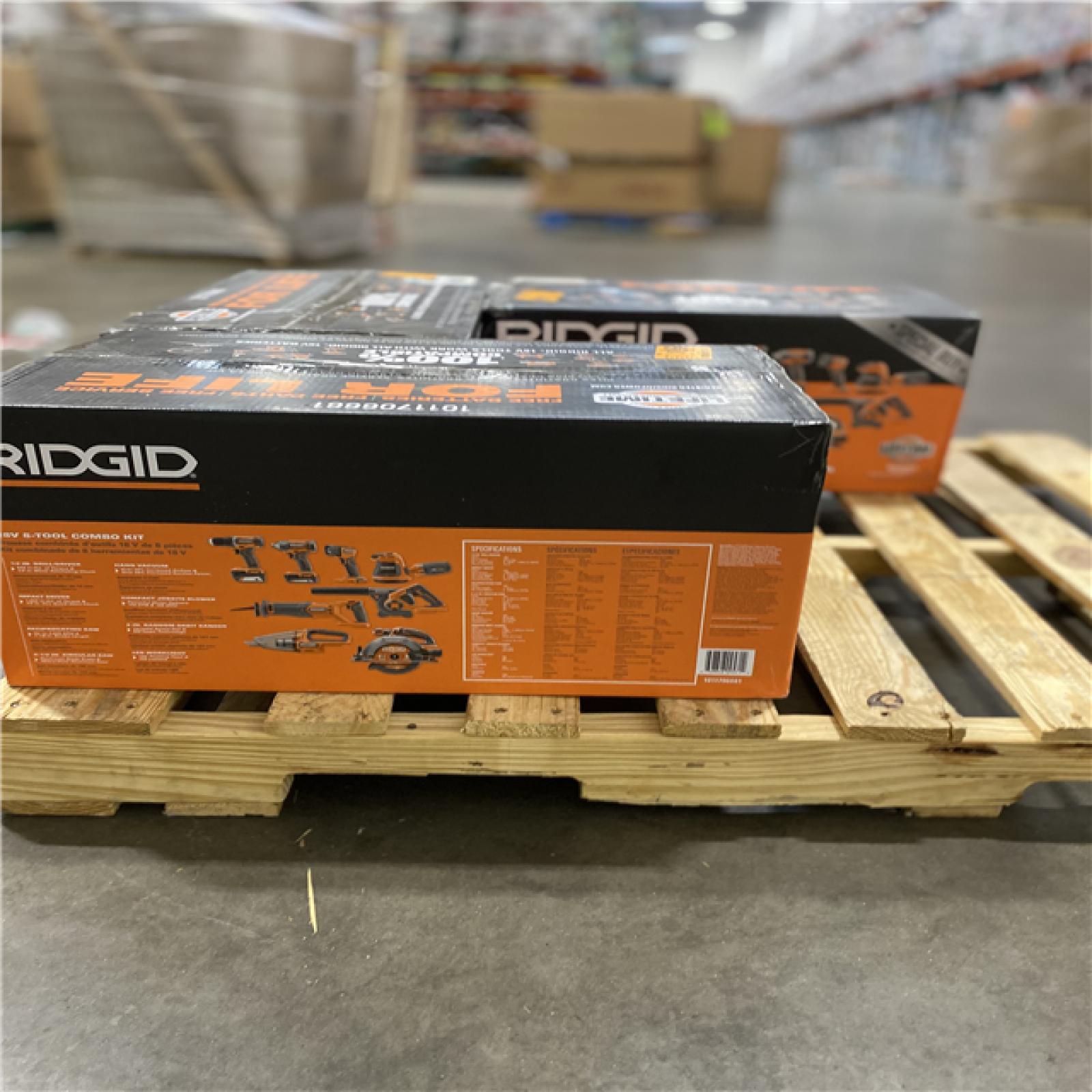 Dallas Location - NEW- 	RIDGID 18V Cordless 8-Tool Combo Kit with 2.0 Ah Battery  4.0 Ah Battery  Charger  and Tool Bag(Lot Of 3)