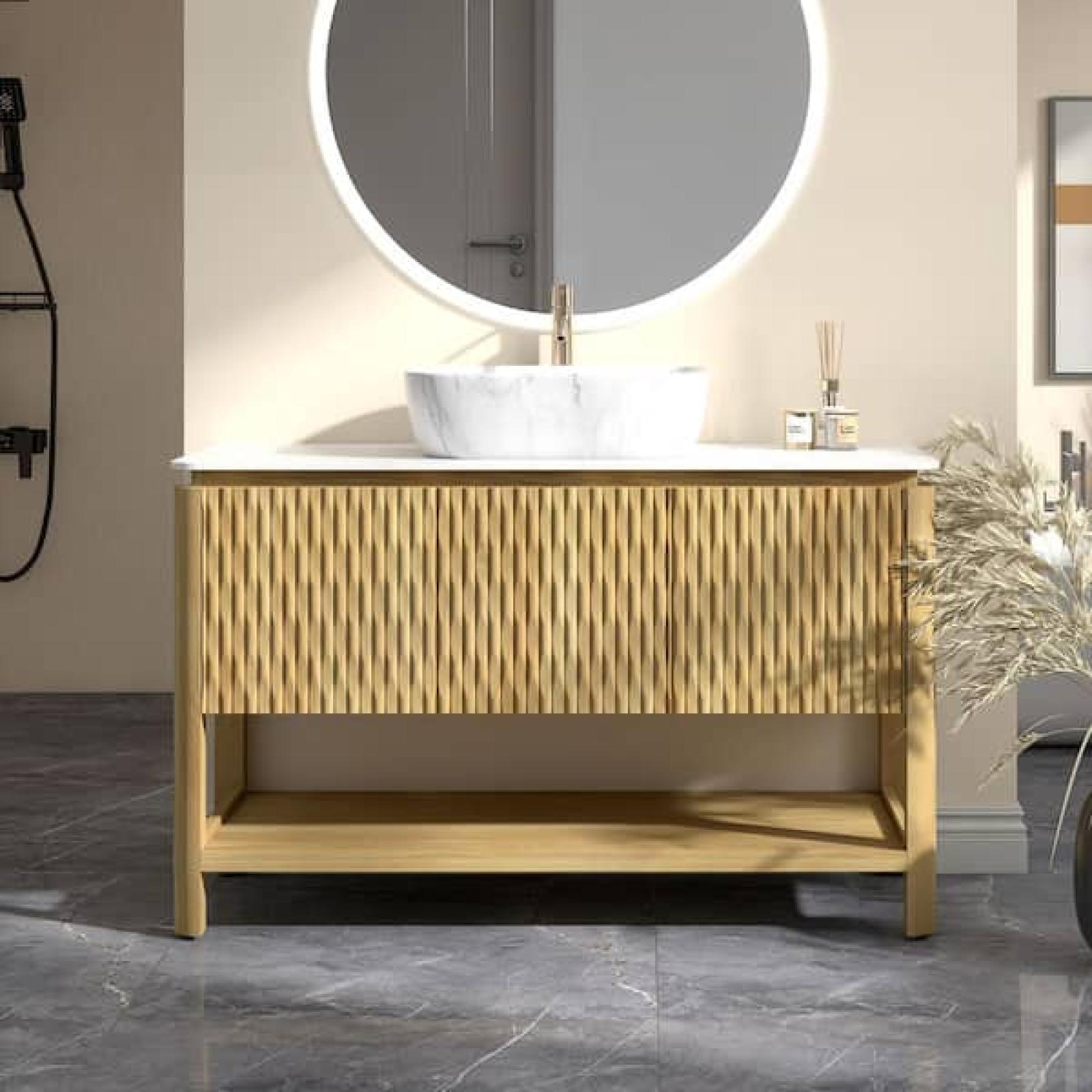 Phoenix NEW Yingze 48 in. Freestanding Single Sink Natural Bath Vanity with White Sintered Stone Top and Marble Pattern Vessel Basin