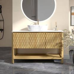 Phoenix NEW Yingze 48 in. Freestanding Single Sink Natural Bath Vanity with White Sintered Stone Top and Marble Pattern Vessel Basin