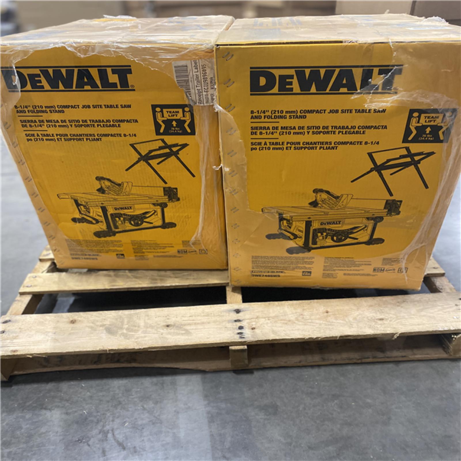 Dallas Location - NEW  DEWALT 15 Amp Corded 8-1/4 in. Compact Jobsite Tablesaw with Compact Table Saw Stand(Lot Of 2)