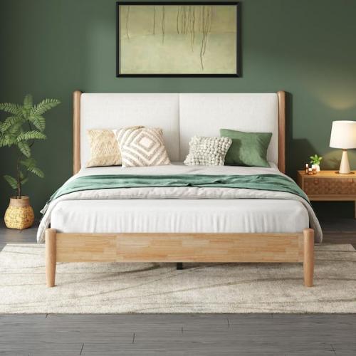Phoenix NEW CHRISTOPHER KNIGHT HOME Lazario Modern White Fabric and Natural Finish Wood Frame Queen Platform Bed with Upholstered Headboard