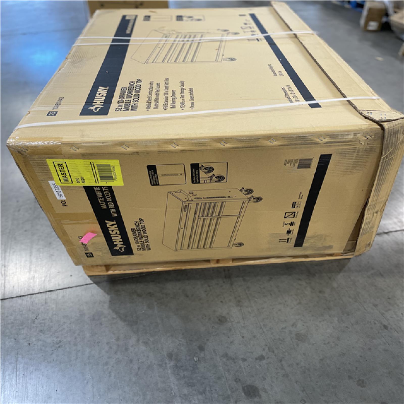DALLAS LOCATION- AS-IS HUSKY 52 in. W 10-Drawer Matte White/Carbon Fiber Trim/Woodtop Workbench