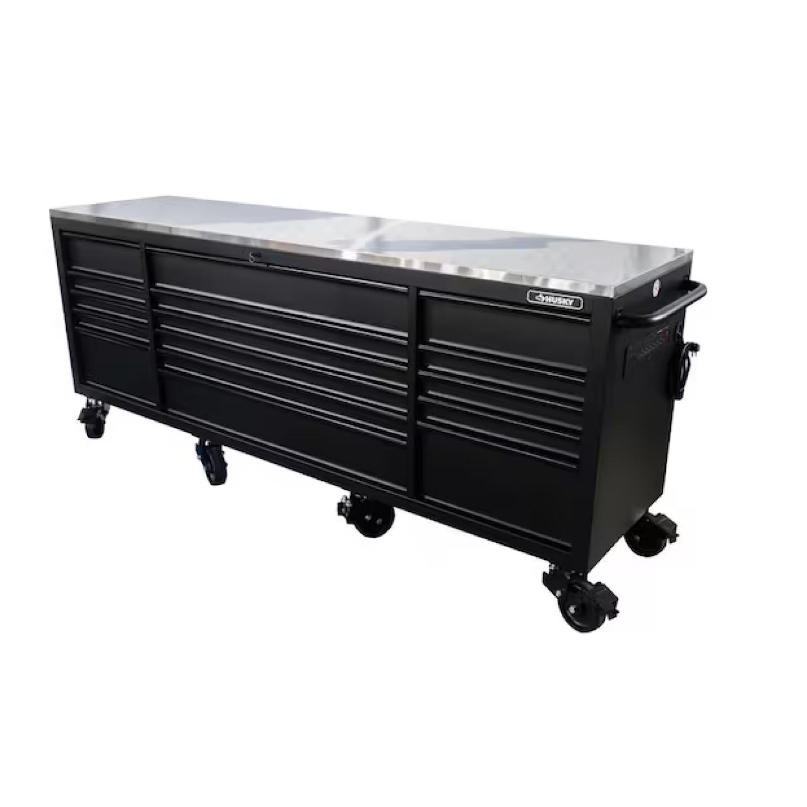 DALLAS LOCATION- AS-IS Husky 96 in. W x 24 in. D 16-Drawer Heavy-Duty Mobile Workbench with Stainless Steel Top in Matte Black