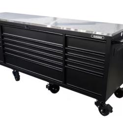 DALLAS LOCATION- AS-IS Husky 96 in. W x 24 in. D 16-Drawer Heavy-Duty Mobile Workbench with Stainless Steel Top in Matte Black
