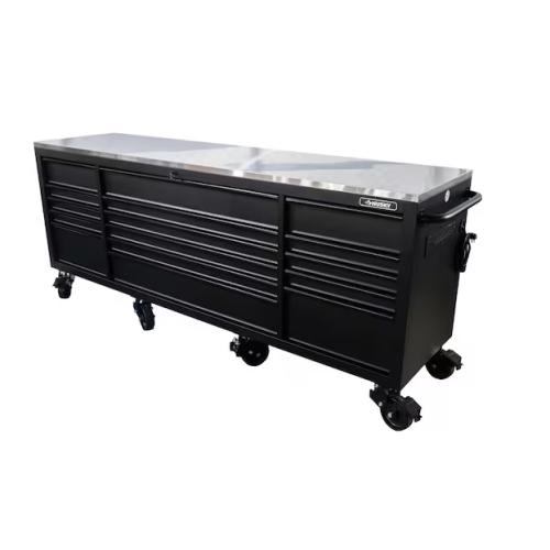 DALLAS LOCATION- AS-IS Husky 96 in. W x 24 in. D 16-Drawer Heavy-Duty Mobile Workbench with Stainless Steel Top in Matte Black