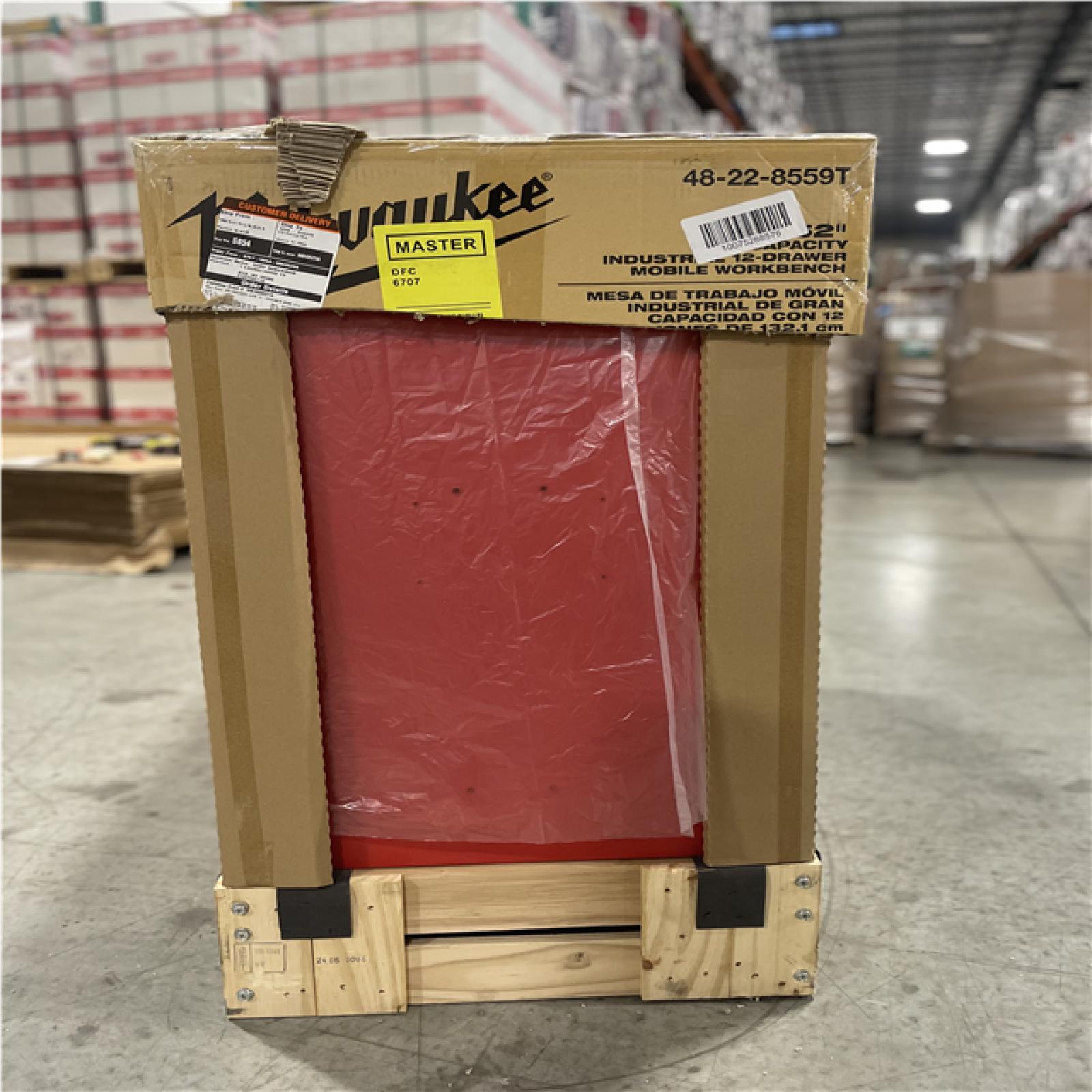 DALLAS LOCATION- AS-IS MILWAUKEE 52 in. W x 22.1 in. D 12-Drawer Mobile Workbench Cabinet w/ WoodTop