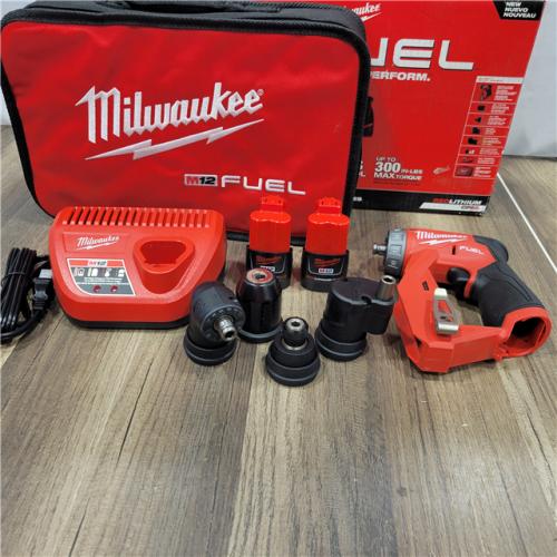 AS-IS Milwaukee M12 FUEL 12V Lithium-Ion Brushless Cordless 4-in-1 Installation 3/8 in. Drill Driver Kit with 4-Tool Heads