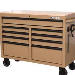 DALLAS LOCATION- NEW!- Husky Standard Duty 46 in. W x 18 in. D 9-Drawer Gloss Tan Mobile Workbench Cabinet with Solid Wood Top