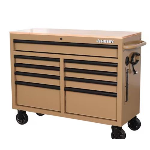 DALLAS LOCATION- NEW!- Husky Standard Duty 46 in. W x 18 in. D 9-Drawer Gloss Tan Mobile Workbench Cabinet with Solid Wood Top
