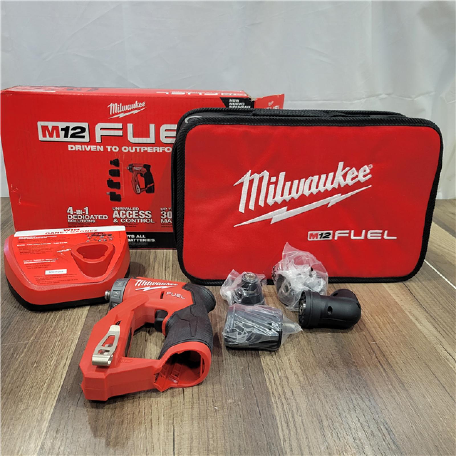 AS-IS Milwaukee M12 FUEL 12V Lithium-Ion Brushless Cordless 4-in-1 Installation 3/8 in. Drill Driver Kit with 4-Tool Heads