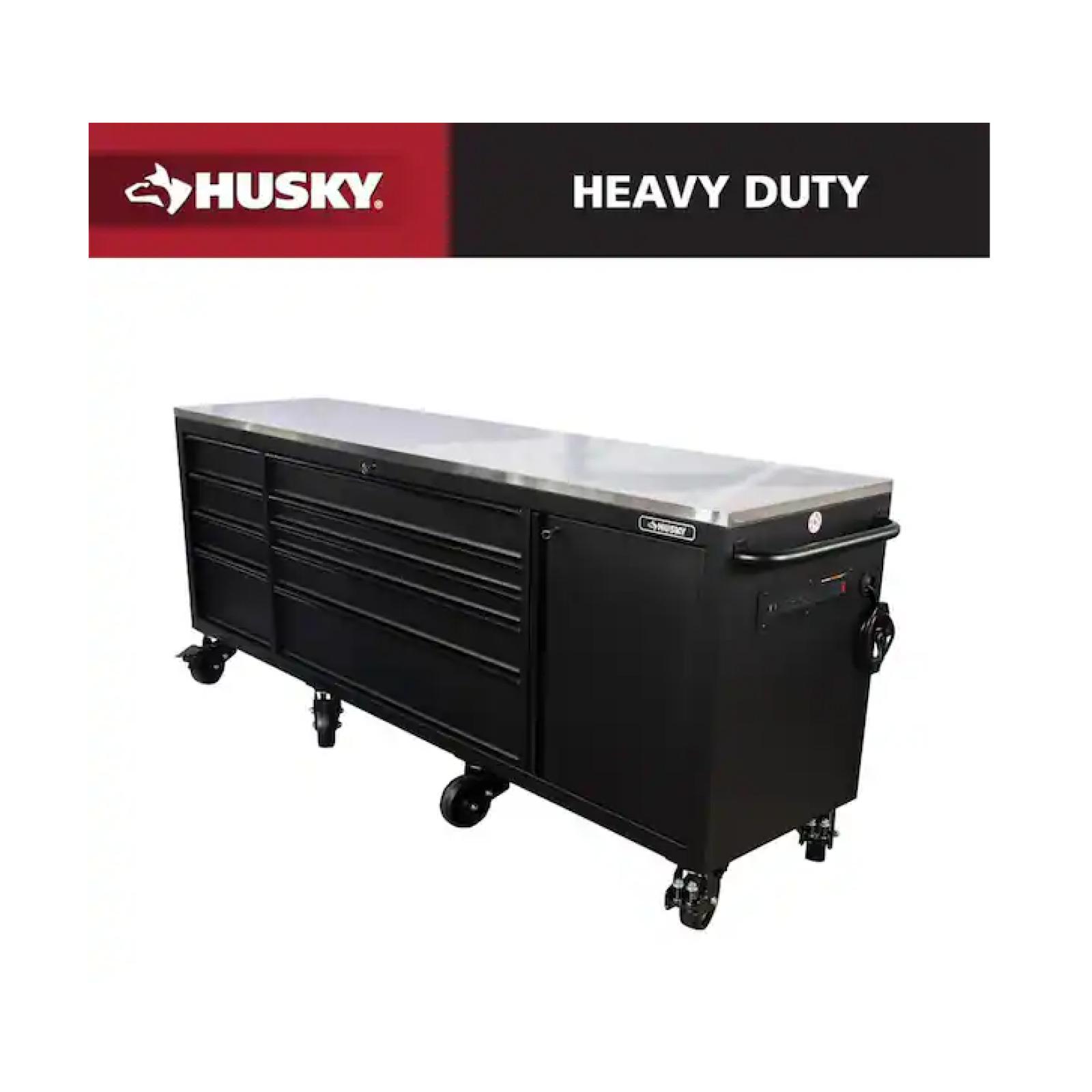 DALLAS LOCATION -AS-IS Husky 96 in. W x 24 in. D 9-Drawer Heavy-Duty Mobile Workbench with Stainless Steel Top in Matte Black