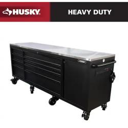 DALLAS LOCATION -AS-IS Husky 96 in. W x 24 in. D 9-Drawer Heavy-Duty Mobile Workbench with Stainless Steel Top in Matte Black
