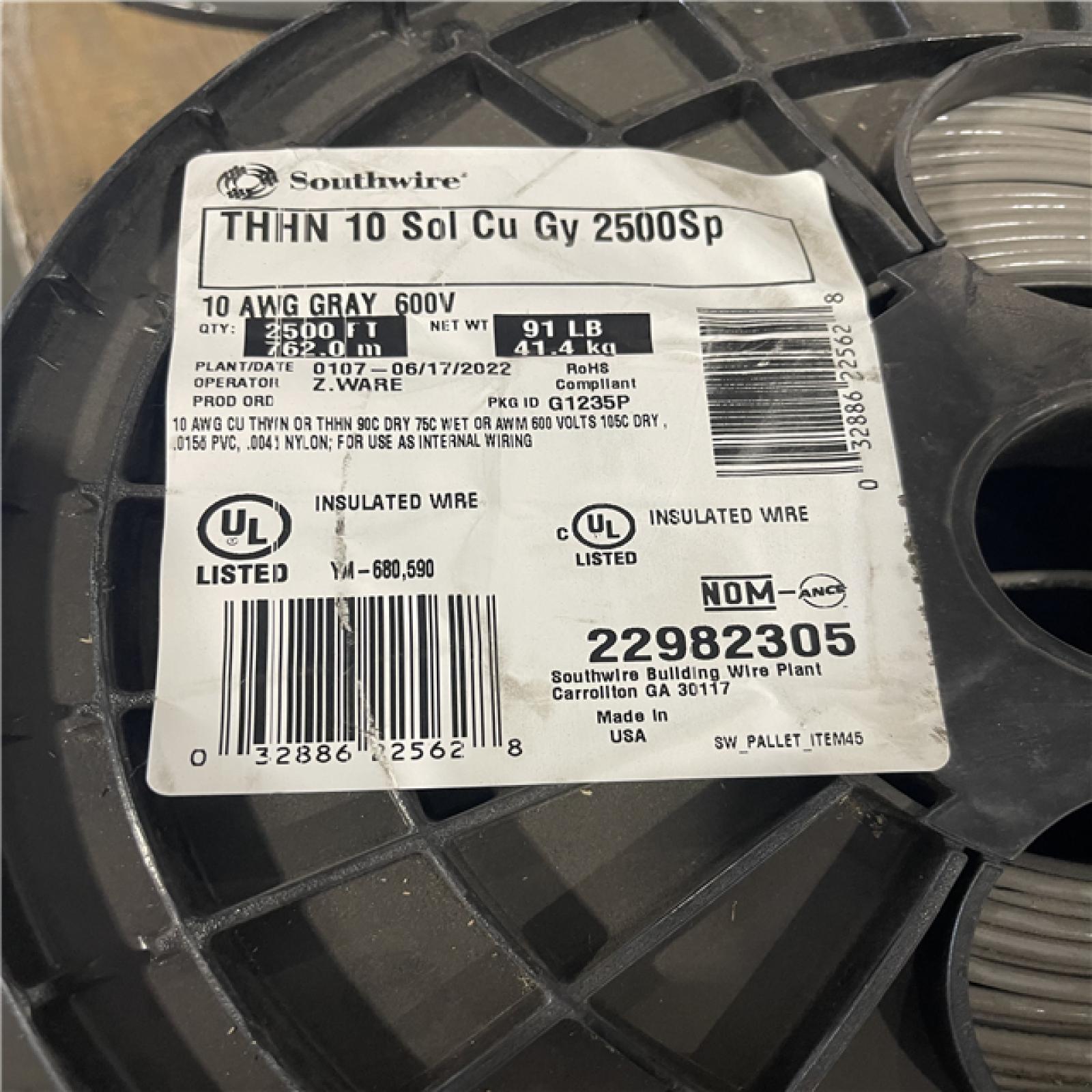 DALLAS LOCATION - Southwire 2,500 ft. 10 Gray Solid CU THHN Wire PALLET-(6 UNITS) (SEE NOTES)