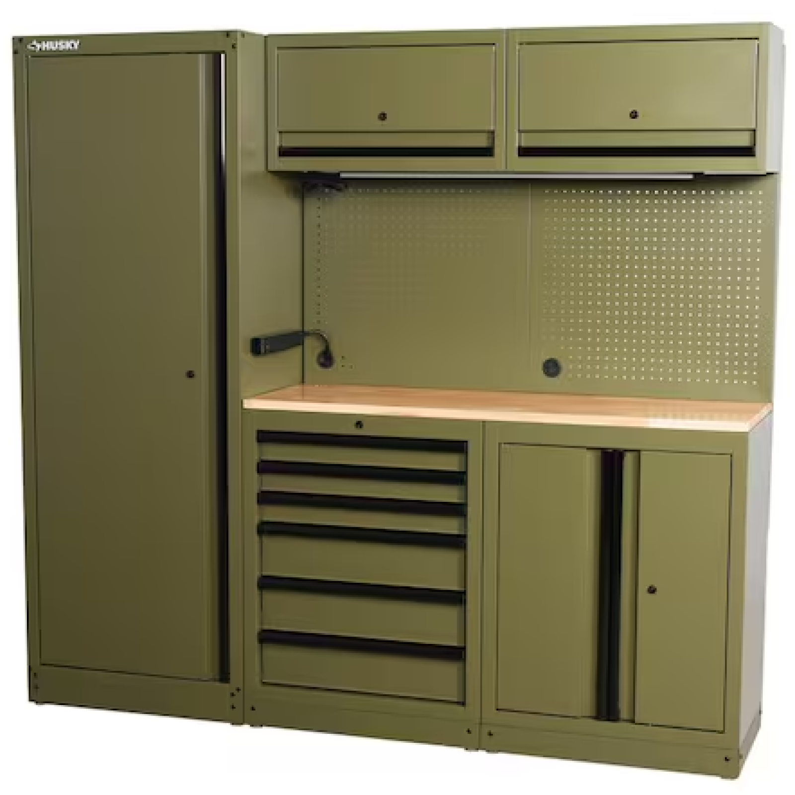 DALLAS LOCATION- AS-IS HUSKY 80.2 in. W x 75 in. H x 19.2 in. D Steel 8-Piece Garage Storage System in Matte Army Green/Solid Wood Worktop