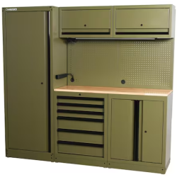DALLAS LOCATION- AS-IS HUSKY 80.2 in. W x 75 in. H x 19.2 in. D Steel 8-Piece Garage Storage System in Matte Army Green/Solid Wood Worktop