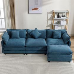 Phoenix Harper & Bright Designs 112.2 in. W L-Shaped Chenille Modern Luxury Sectional Sofa in. Blue with Ottoman and 5 Pillows