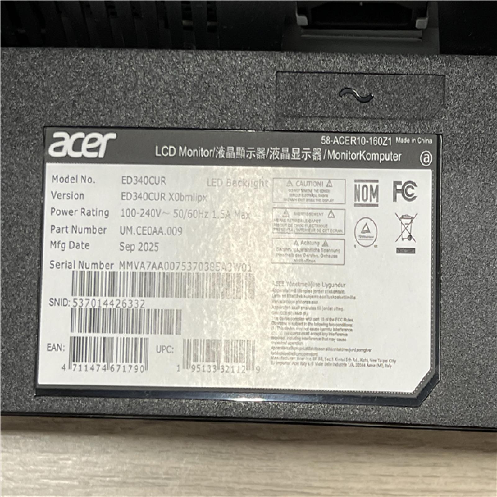 AS-IS Acer - Nitro ED340CUR Gaming 34” 1500R 21:9 Curved QHD 200Hz Gaming Monitor