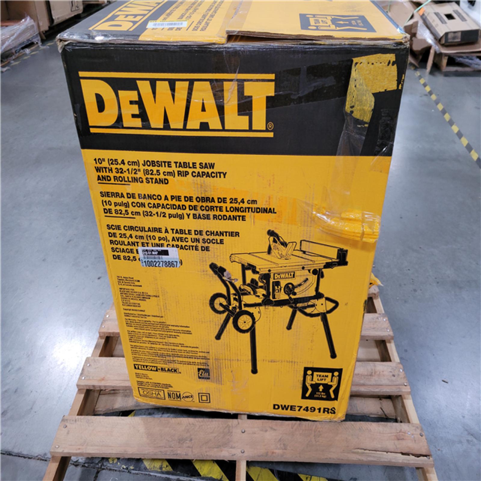 CALIFORNIA AS-IS DEWALT 10 (25.4cm) JOBSITE TABLE SAW WITH 32-1/2 (82.5cm) RIP CAPACITY AND ROLLING STAND