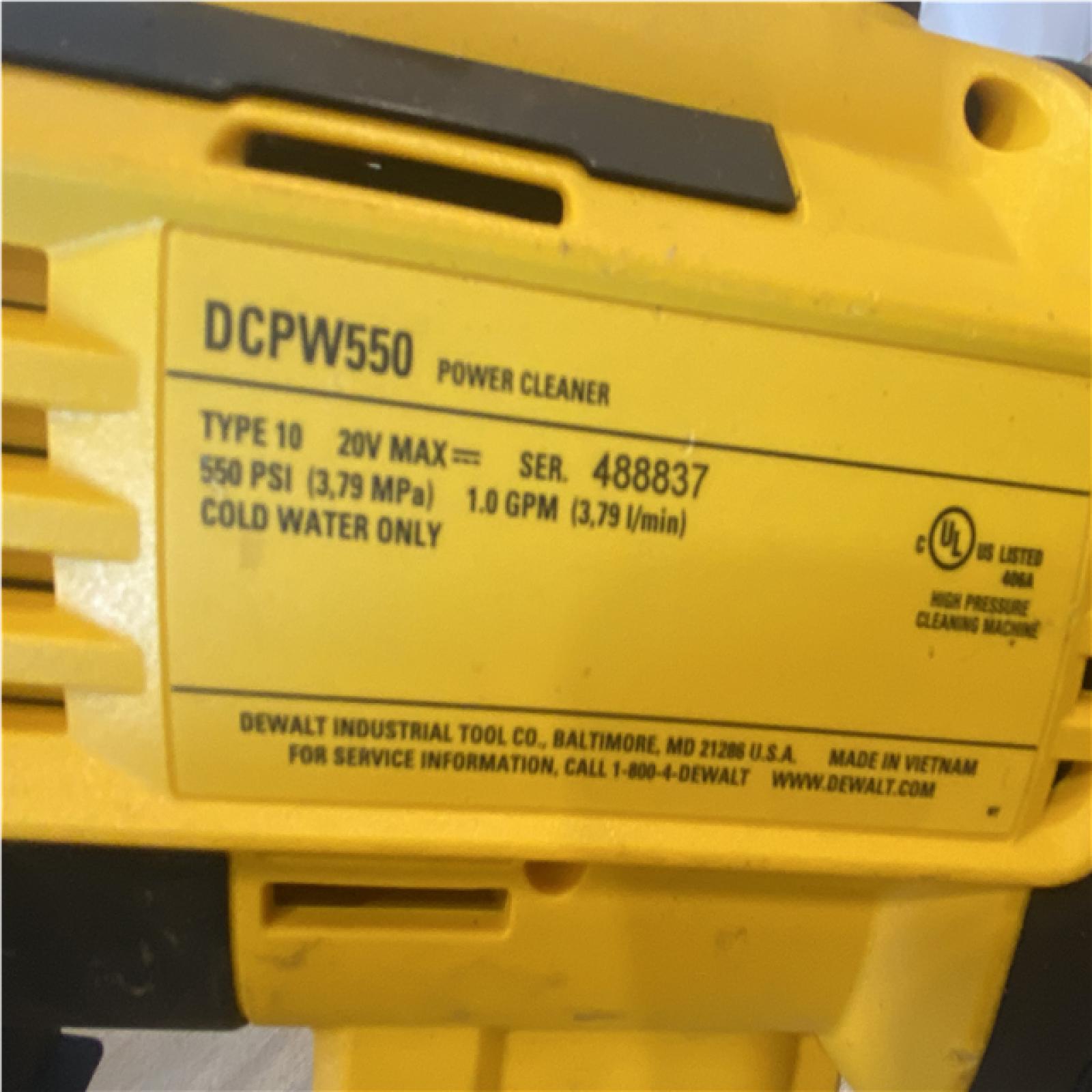 AS-IS DEWALT 20V MAX 550 PSI 1.0 GPM Cold Water Cordless Power Cleaner with 4-Nozzles (Tool Only)