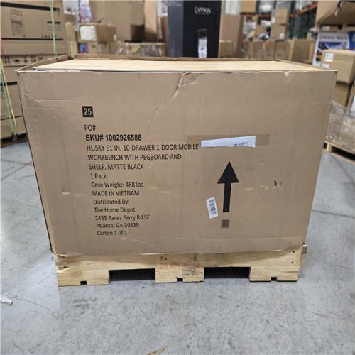 DALLAS LOCATION - AS-IS Husky 61 in. W x 26 in. D Heavy Duty 10-Drawer 1-Door Mobile Workbench with Hardwood Top  Pegboard and Shelf in Matte Black