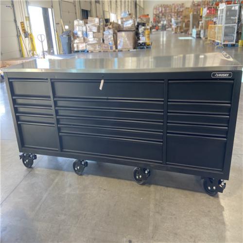 DALLAS LOCATION - Husky 96 in. W x 24 in. D 16-Drawer Heavy-Duty Mobile Workbench with Stainless Steel Top in Matte Black
