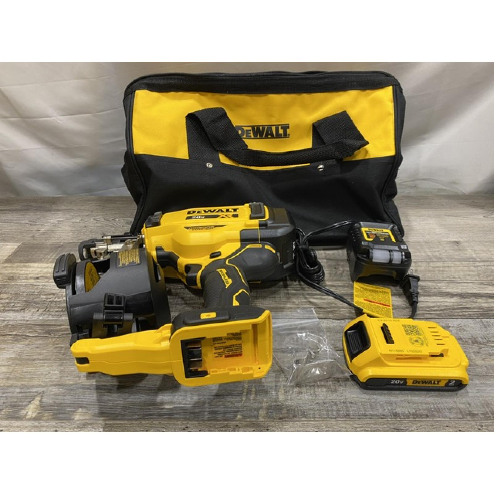 AS-IS DEWALT 20V MAX Lithium-Ion 15-Degree Electric Cordless Roofing Nailer Kit