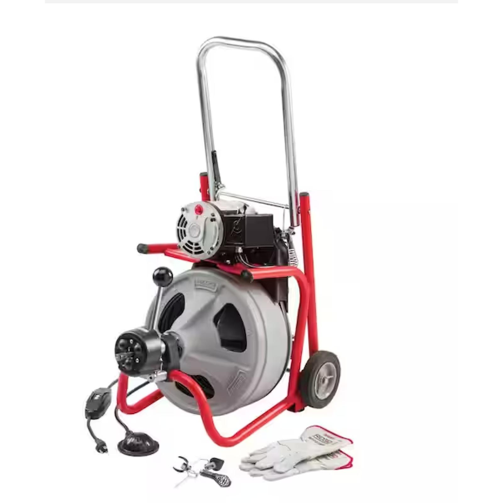 DALLAS LOCATION -  RIDGID K-400 AutoFeed Drain Cleaning Snake Auger 120-Volt Drum Machine and C-32IW 3/8 in. x 75 ft. Cable + Tool Set & Gloves