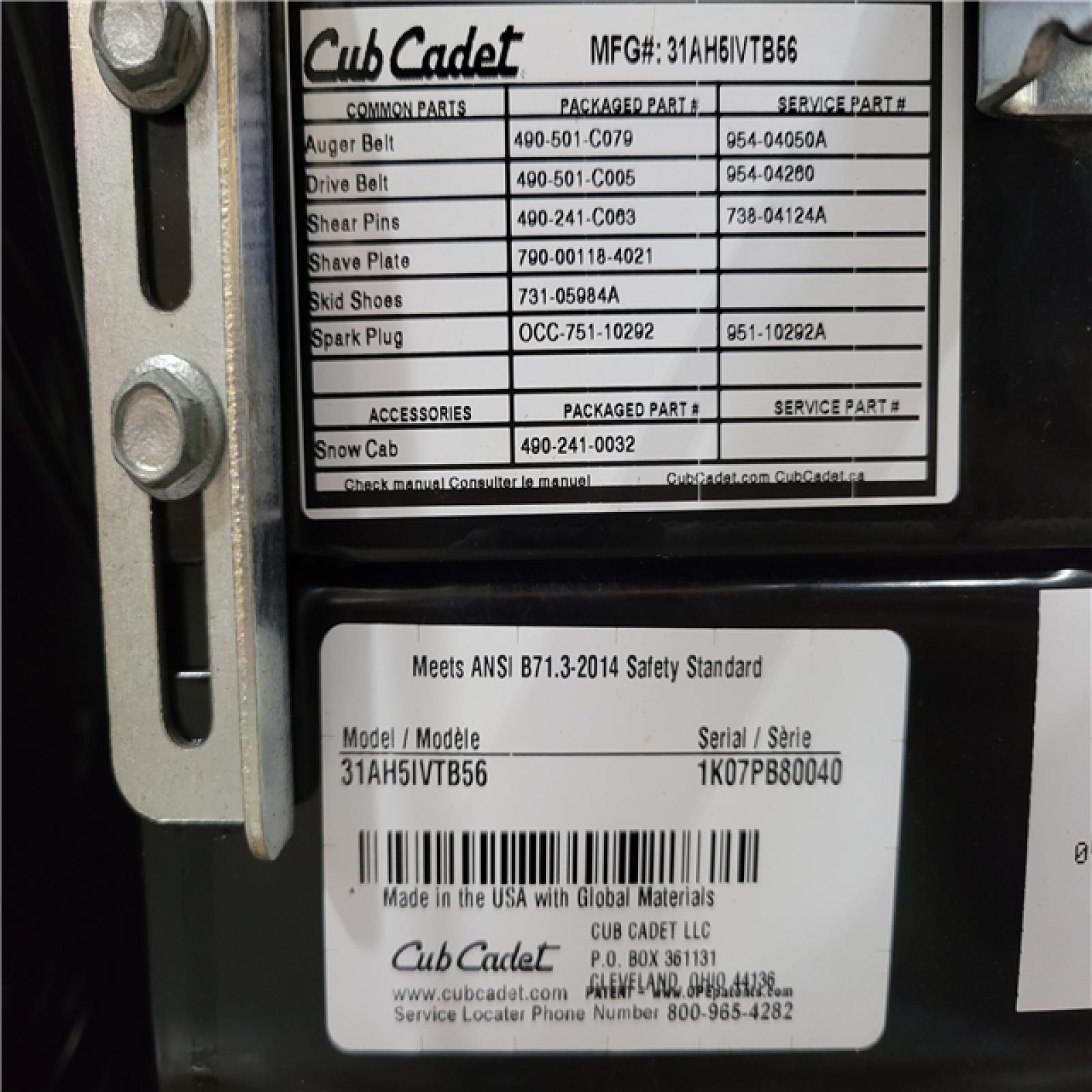 CALIFORNIA AS-IS CUB CADET SNOW REMOVER