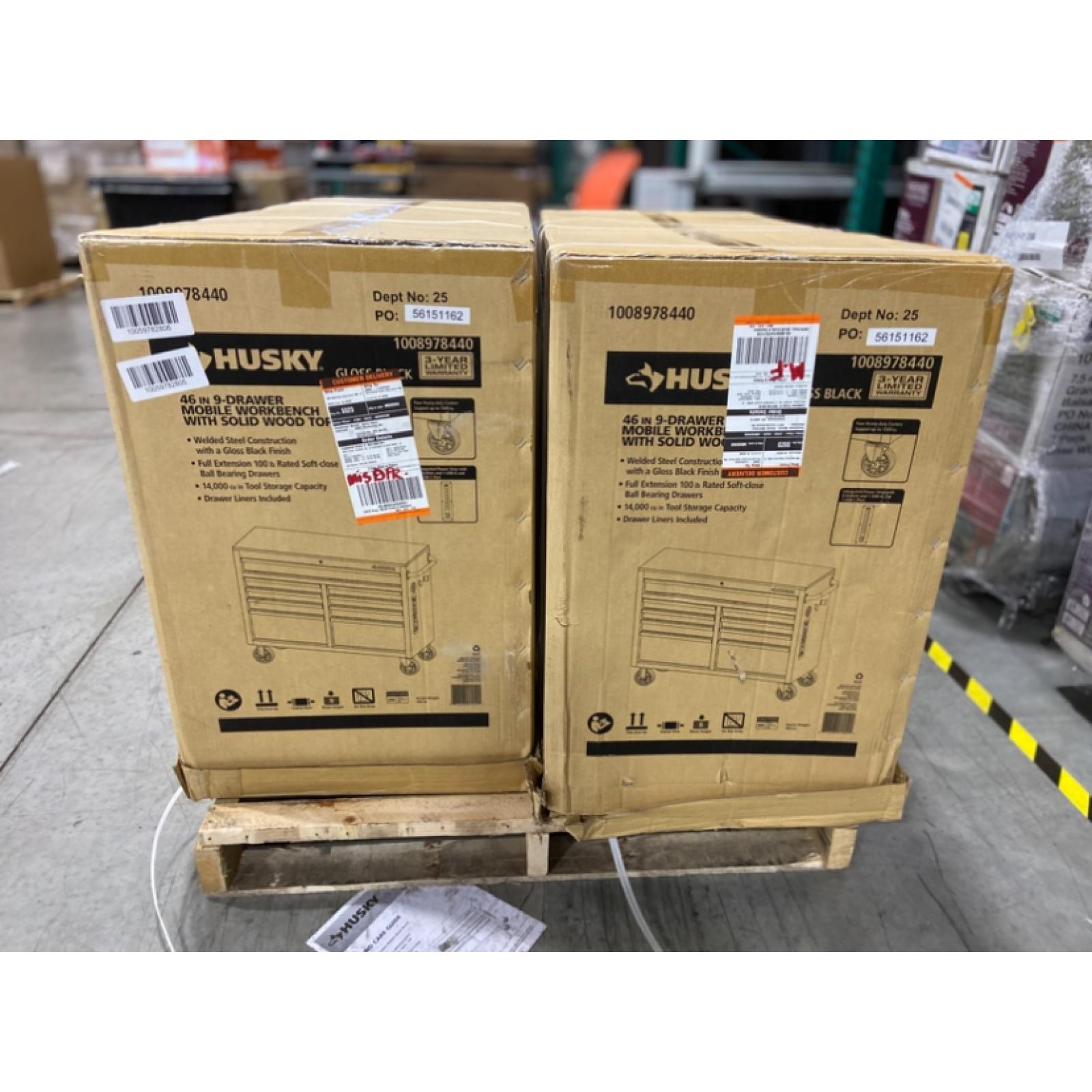 DALLAS LOCATION - Husky Tool Storage 46 in. W x 18 in. D 9-Drawer Mobile Workbench Cabinet in Gloss Black - 2 UNITS