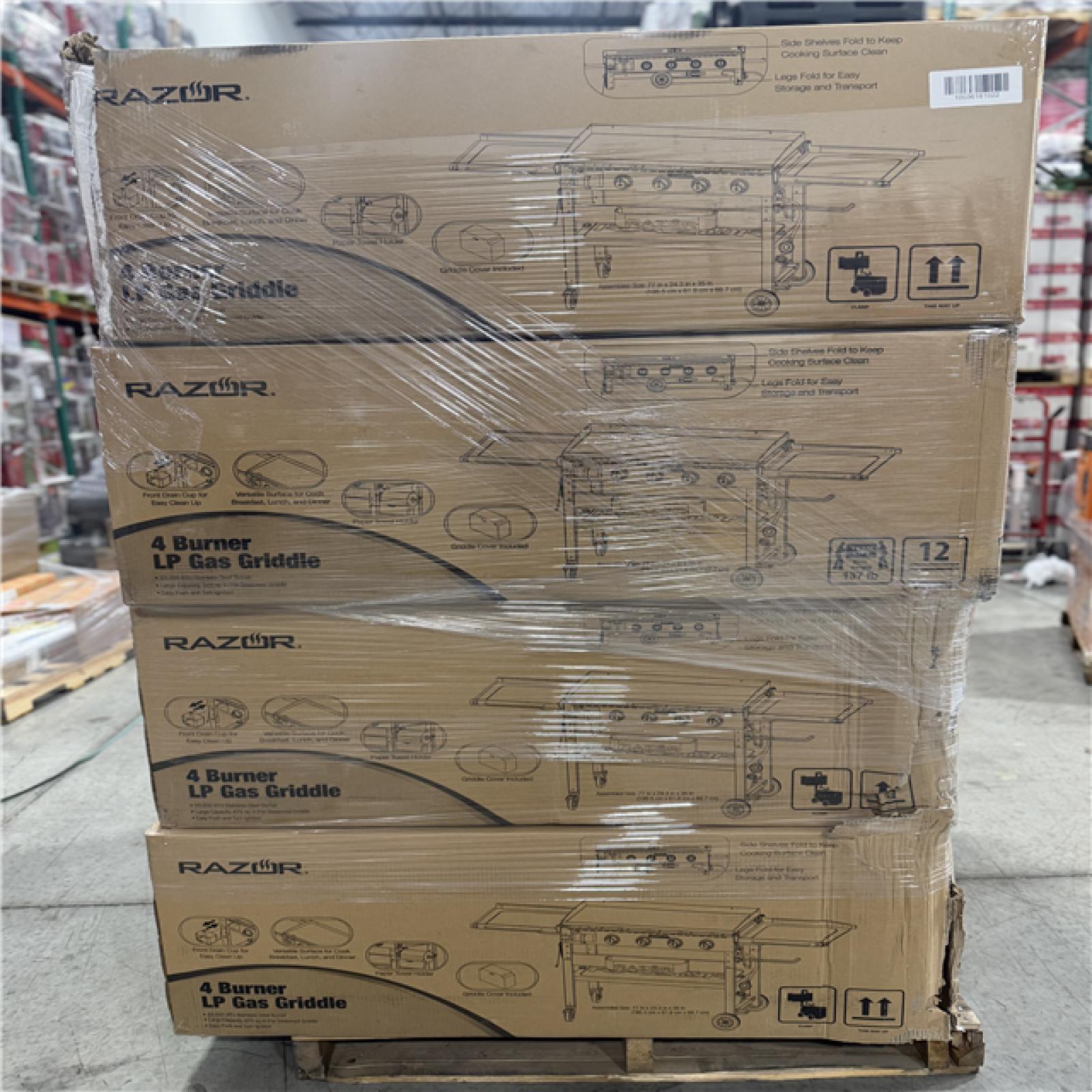 DALLAS LOCATION - Razor 37 in. 4-Burner Portable Propane Gas Griddle Flat Top Grill in Black with Foldable Shelves and Cover PALLET- (8 UNITS)