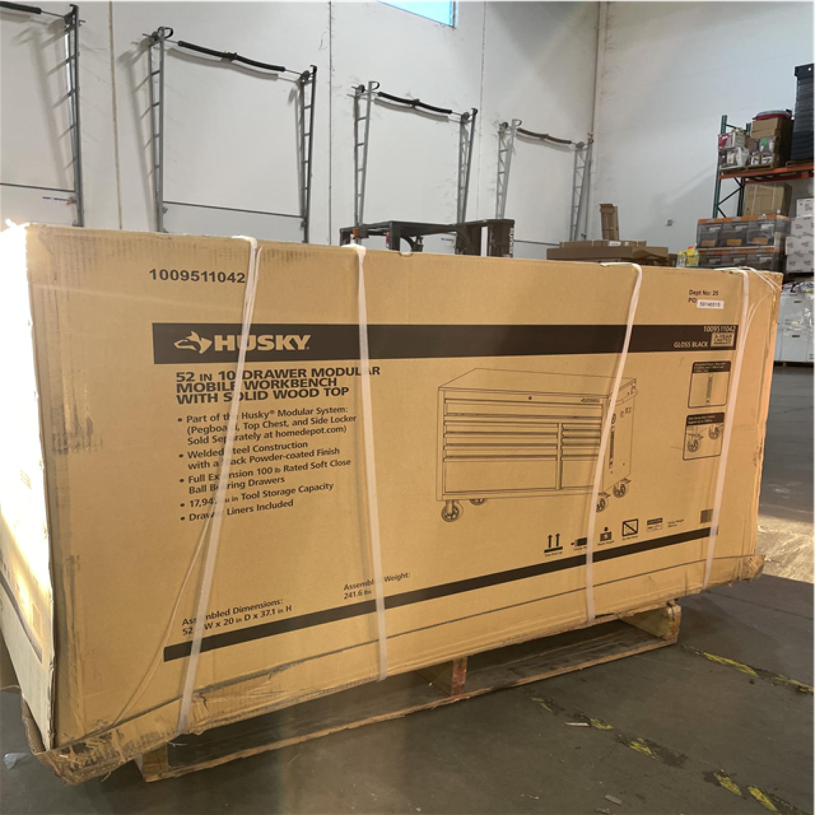 DALLAS LOCATION- AS-IS HUSKY 52 in. W x 20 in. 10 Drawer Mobile Workbench Gloss Black/Wood Top PALLET (2 UNITS)