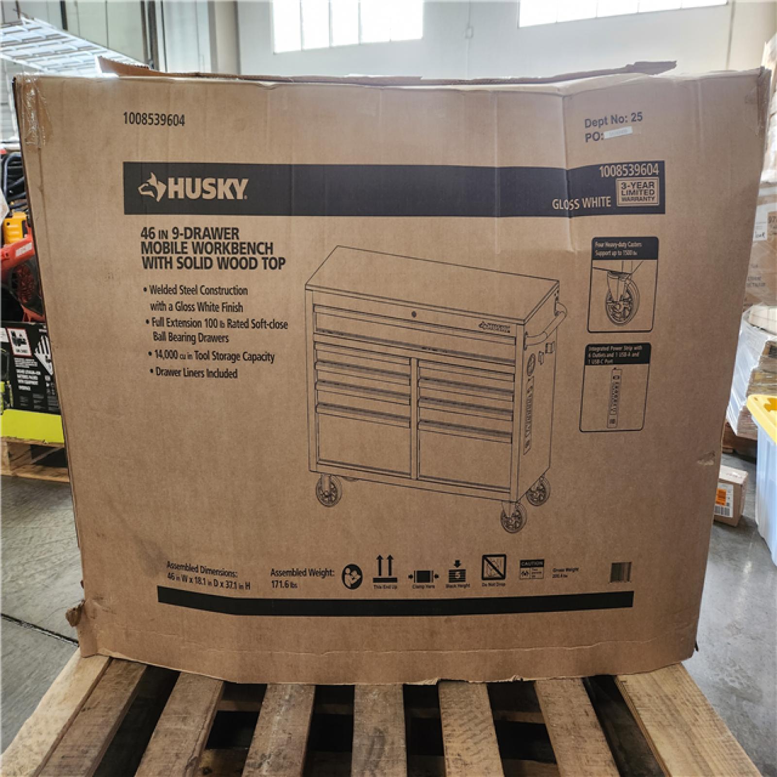 Phoenix AS-IS Husky Tool Storage 46 in. W x 18 in. D 9-Drawer Gloss White Mobile Workbench Cabinet