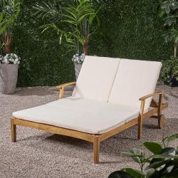 Phoenix NEW Noble House Perla Teak Brown 1-Piece Wood Outdoor Patio Double Chaise Lounge with Cream (SEALED)