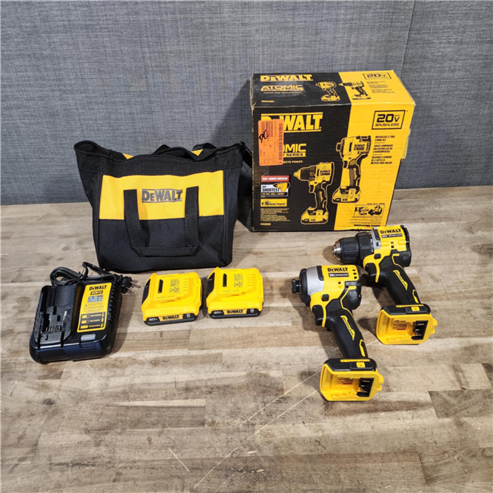 HOUSTON LOCATION - AS-IS Dewalt DCK225D2 20V MAX ATOMIC Brushless Compact Lithium-Ion 1/2 in. Cordless Drill Driver and 1/4 in. Impact Driver Combo Kit with 2 Batteries 2 Ah