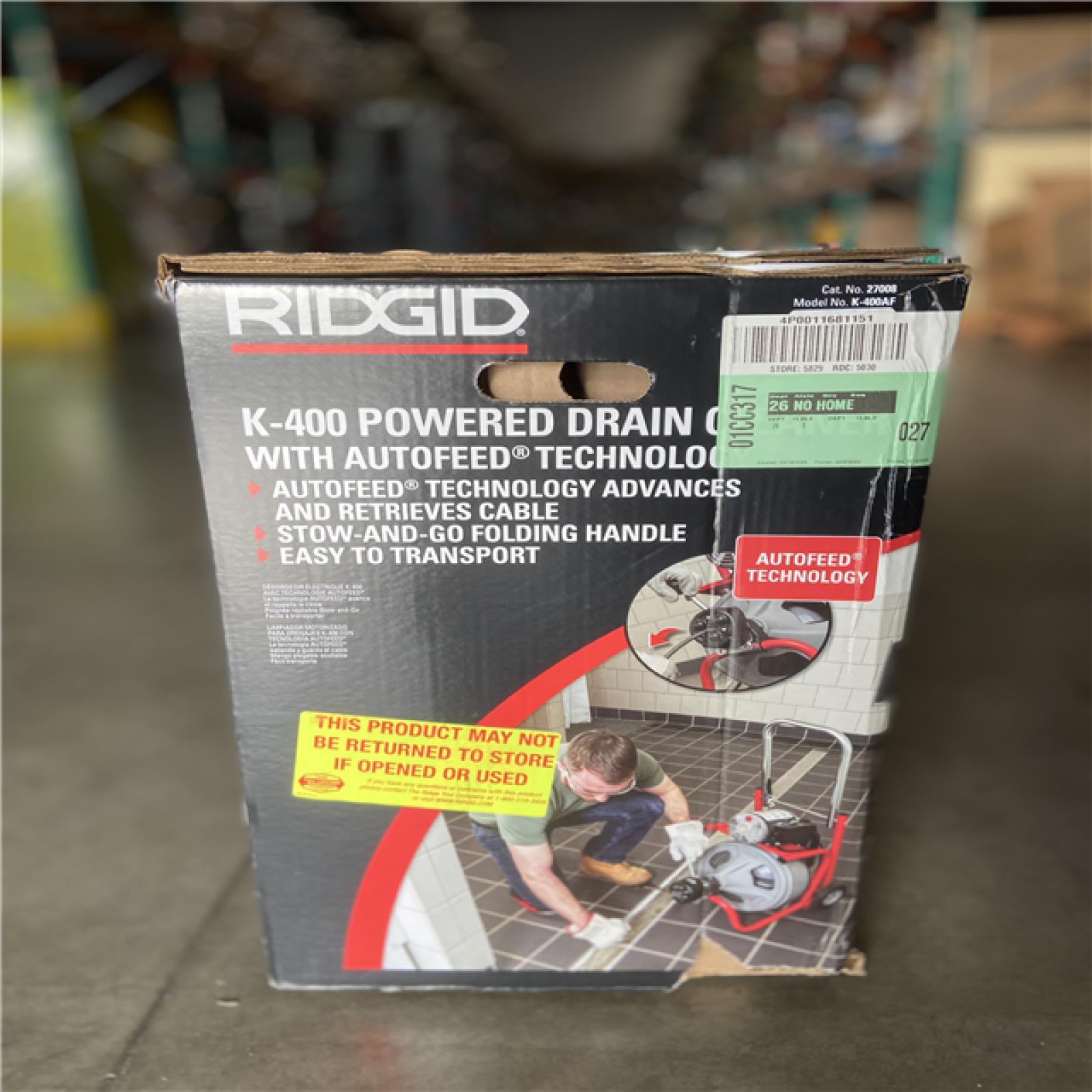 DALLAS LOCATION -  RIDGID K-400 AutoFeed Drain Cleaning Snake Auger 120-Volt Drum Machine and C-32IW 3/8 in. x 75 ft. Cable + Tool Set & Gloves