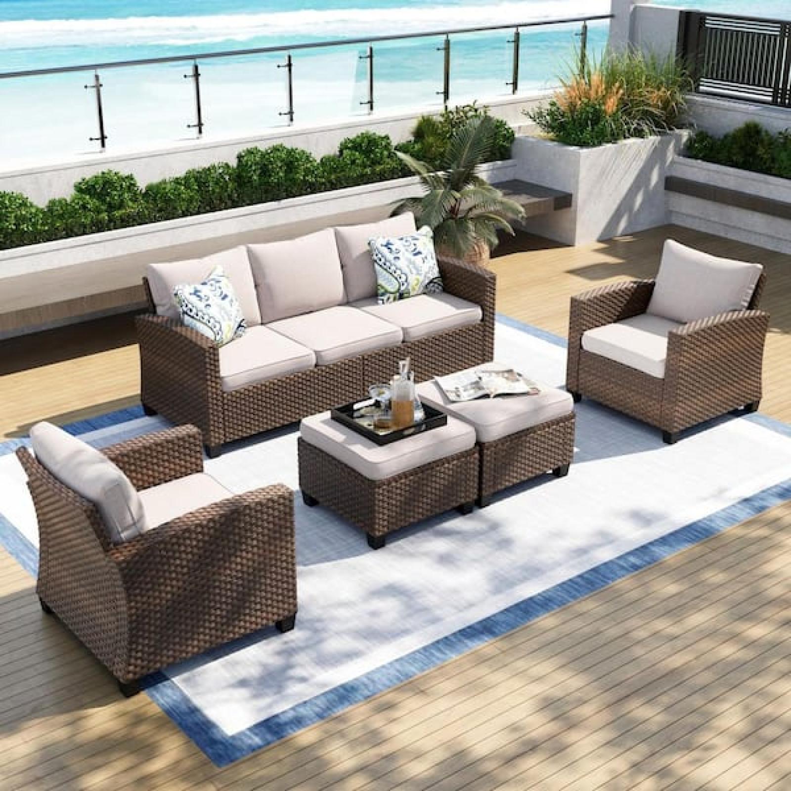 Phoenix PHI VILLA Brown Rattan Wicker 7 Seat 5-Piece Steel Outdoor Patio Conversation Set with Beige Cushions and Ottoman