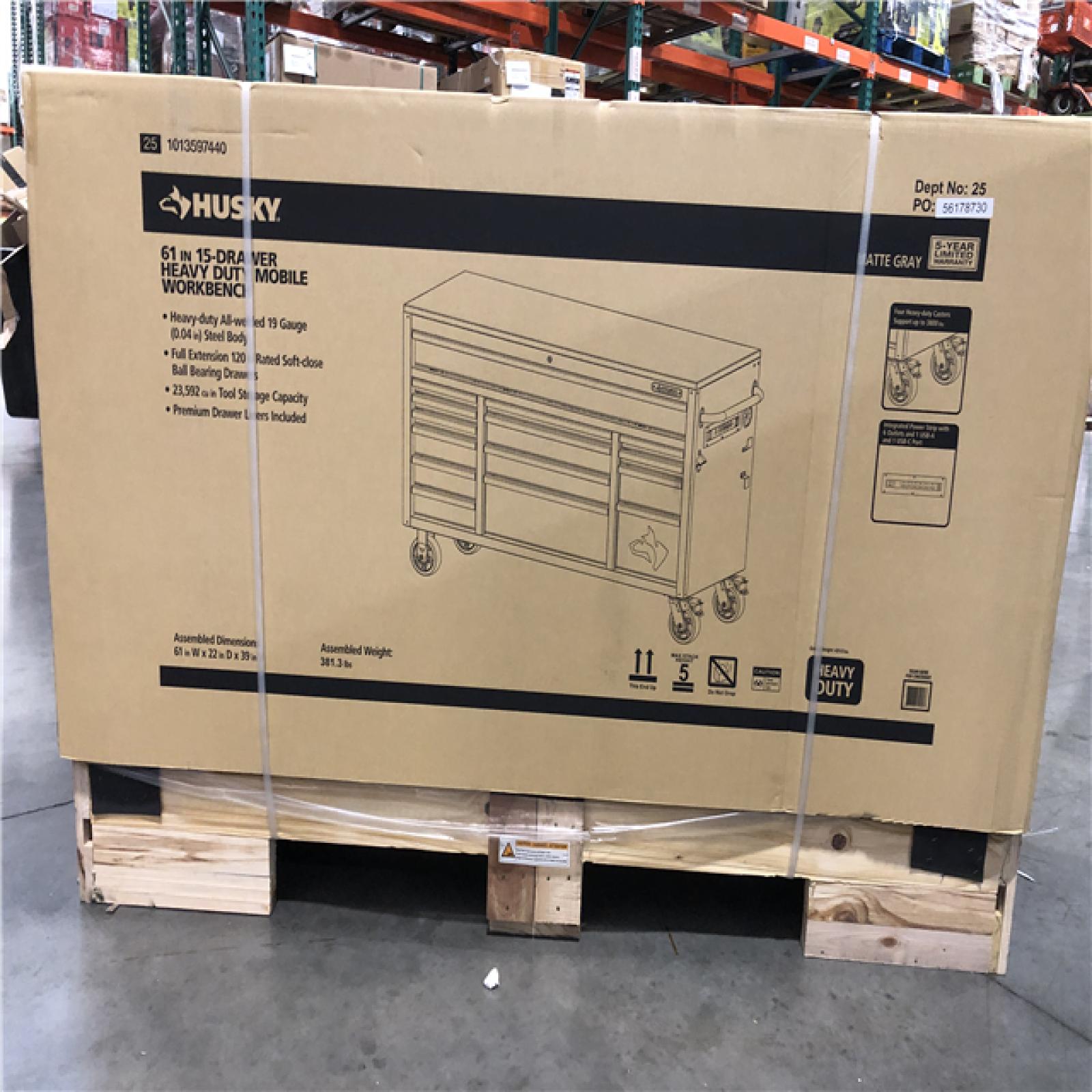 DALLAS LOCATION - Husky 108 in. W x 24 in. D 9-Drawer Heavy-Duty Mobile Workbench with Stainless Steel Top in Matte Black