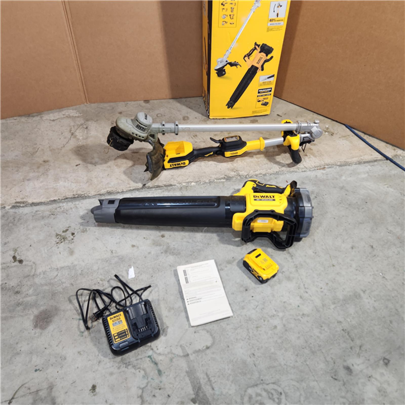 Houston location AS-IS DEWALT 20V MAX Cordless Battery Powered String Trimmer & Leaf Blower Combo Kit with (1) 4.0 Ah Battery and Charger