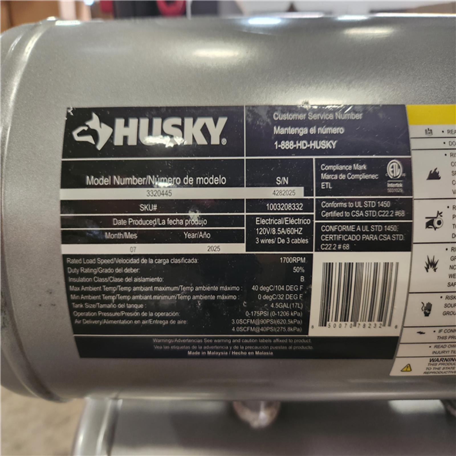 Phoenix LIKE NEW Husky 4.5 Gal. 175 PSI Portable Electric Oil-Free Quiet Twin Stack Jobsite Air Compressor w/Rubber Wheels and 2-Quick Couplers
