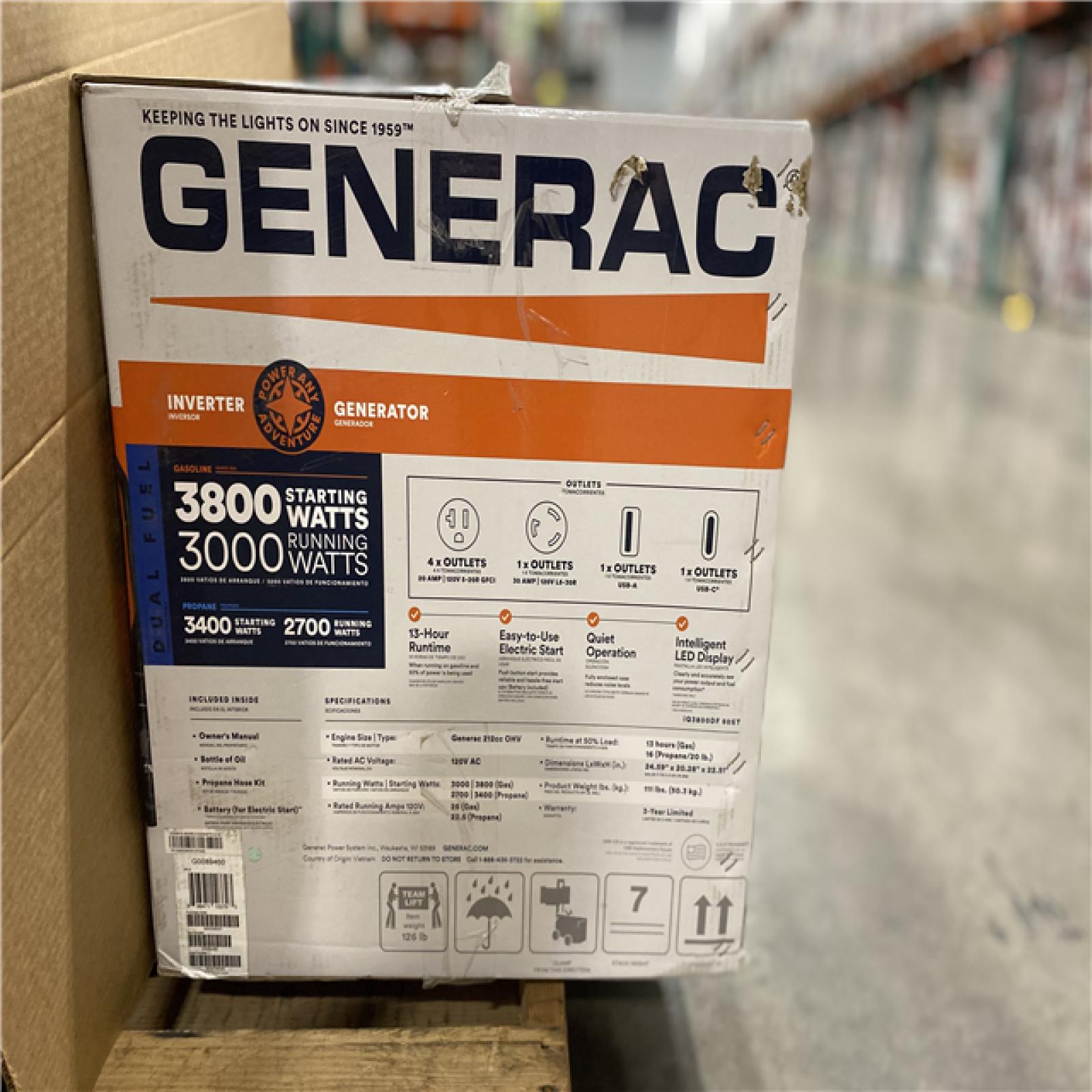 Dallas Location - As-Is Generac 3800/3000-Watt Dual Fuel Inveter Generator