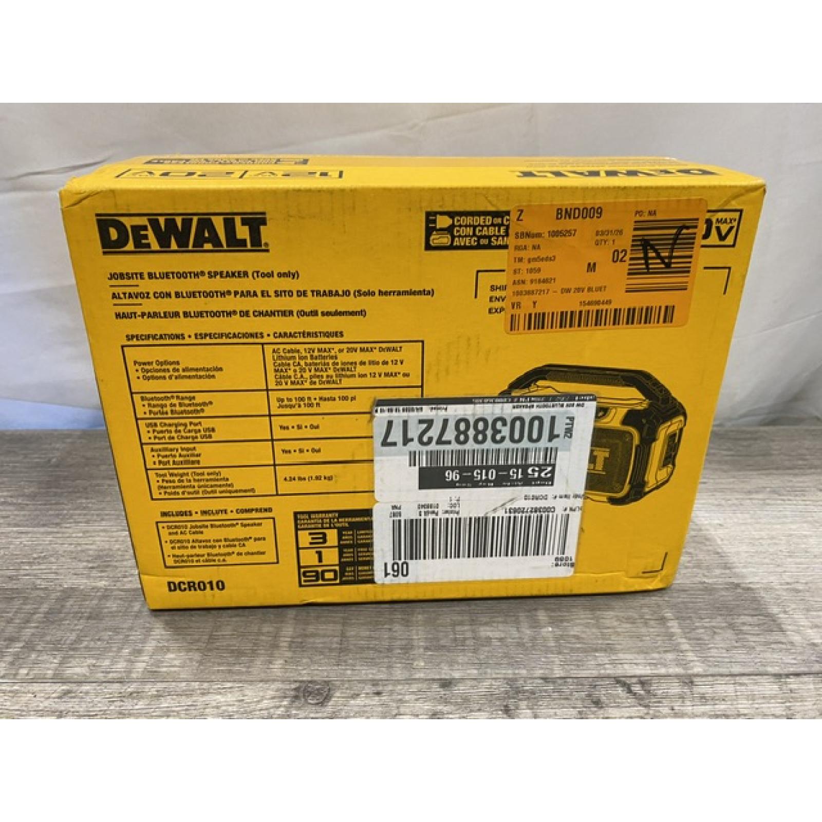 NEW - DEWALT 20V MAX Cordless Bluetooth Speaker (Tool Only)