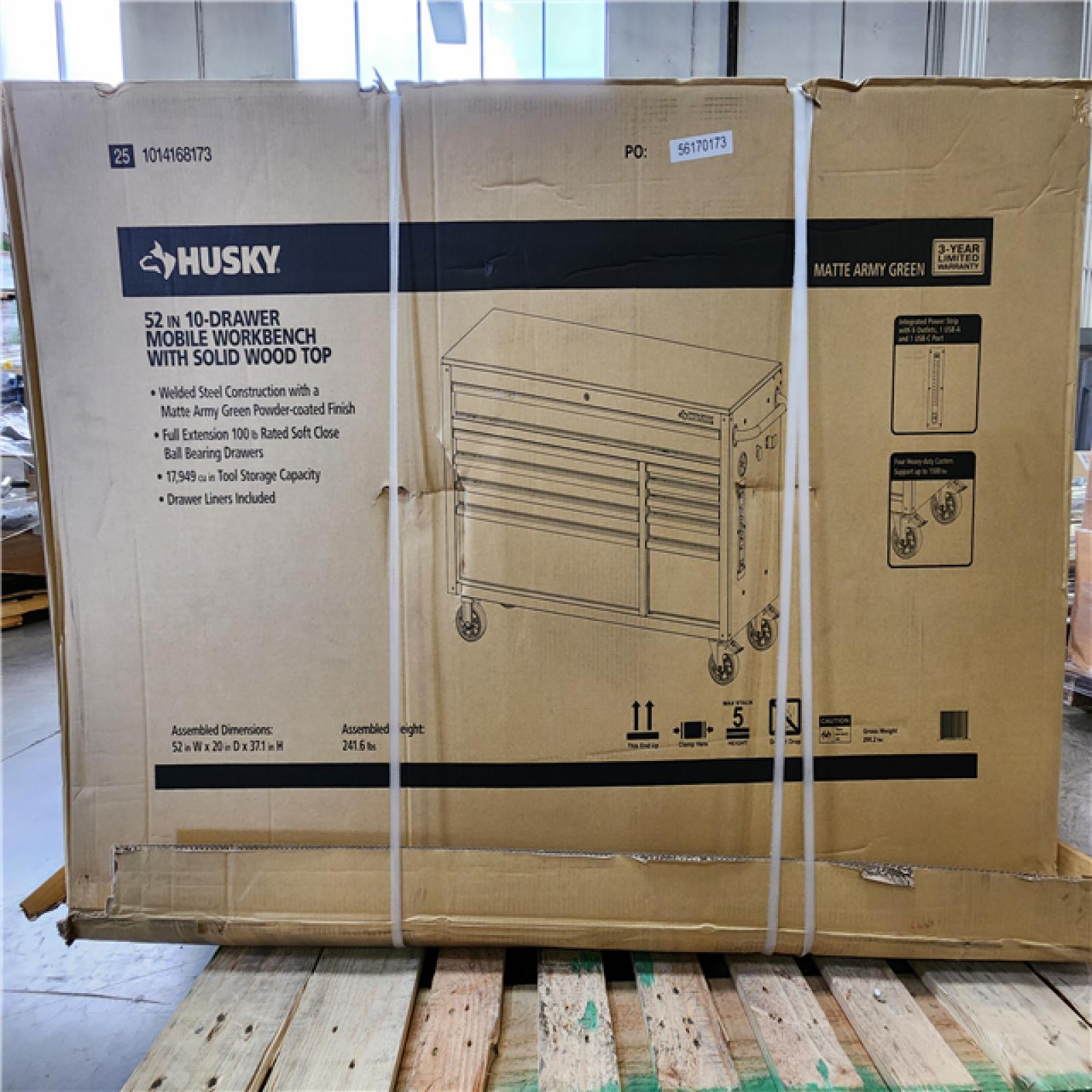 Phoenix NEW Husky Standard-Duty 52 in. W 10-Drawer Matte Army Green Mobile Workbench Cabinet with Solid Wood Top (SEALED)