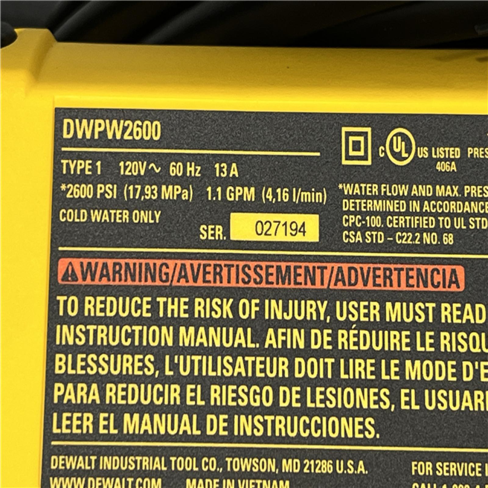 AS-IS DEWALT 2600 PSI 1.1 GPM Cold Water Electric Pressure Washer