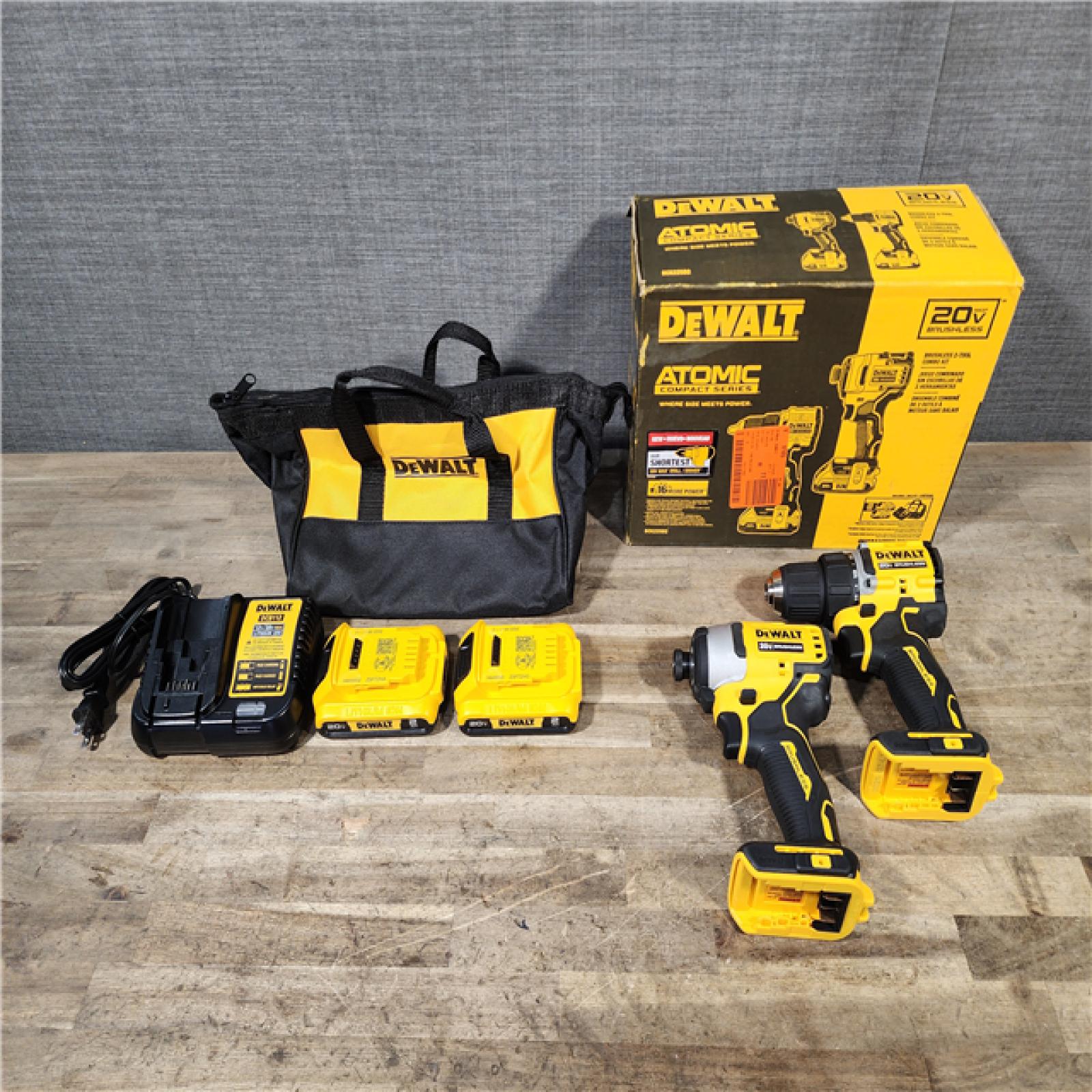 HOUSTON LOCATION - AS-IS Dewalt DCK225D2 20V MAX ATOMIC Brushless Compact Lithium-Ion 1/2 in. Cordless Drill Driver and 1/4 in. Impact Driver Combo Kit with 2 Batteries 2 Ah