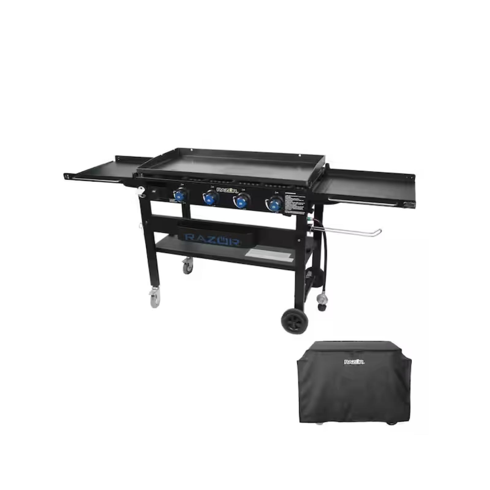 DALLAS LOCATION - Razor 37 in. 4-Burner Portable Propane Gas Griddle Flat Top Grill in Black with Foldable Shelves and Cover PALLET- (8 UNITS)