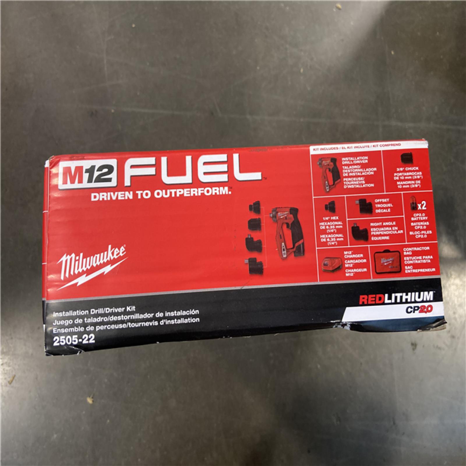 AS-IS Milwaukee M12 FUEL 12V Lithium-Ion Brushless Cordless 4-in-1 Installation 3/8 in. Drill Driver Kit with 4-Tool Heads